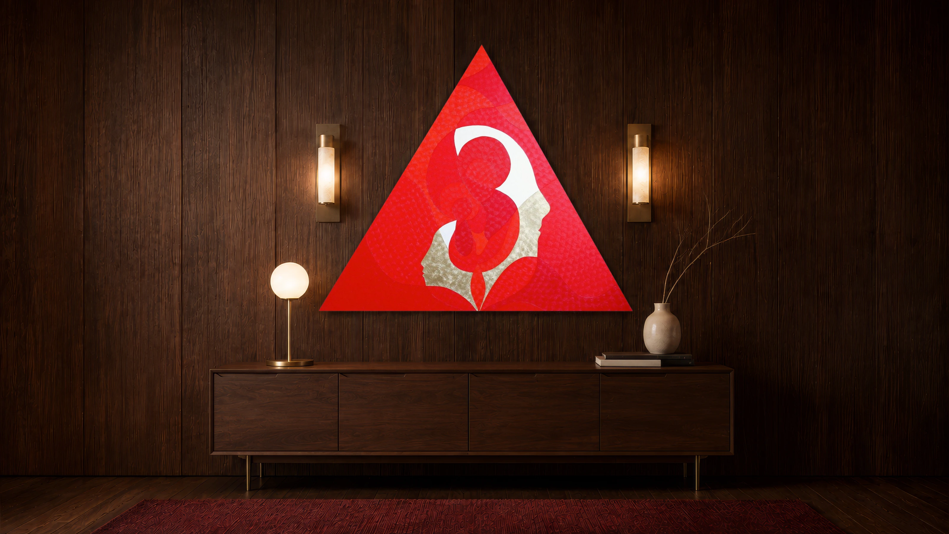 Triangular red and gold abstract painting Enlightenment by Nala Kun, with a luminous central figure.