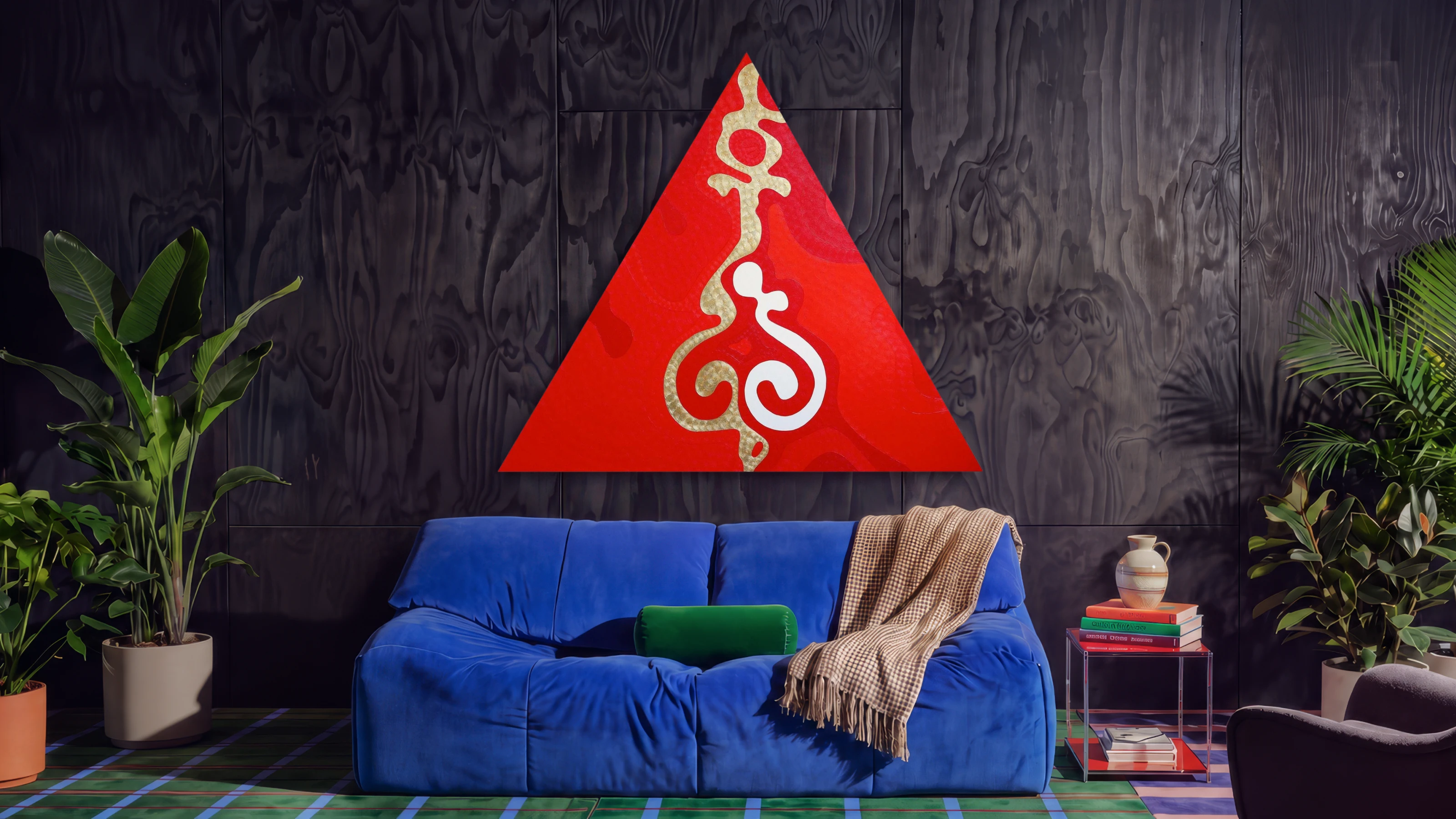 Triangular red and gold painting Key by Nala Kun, featuring an antique key silhouette.