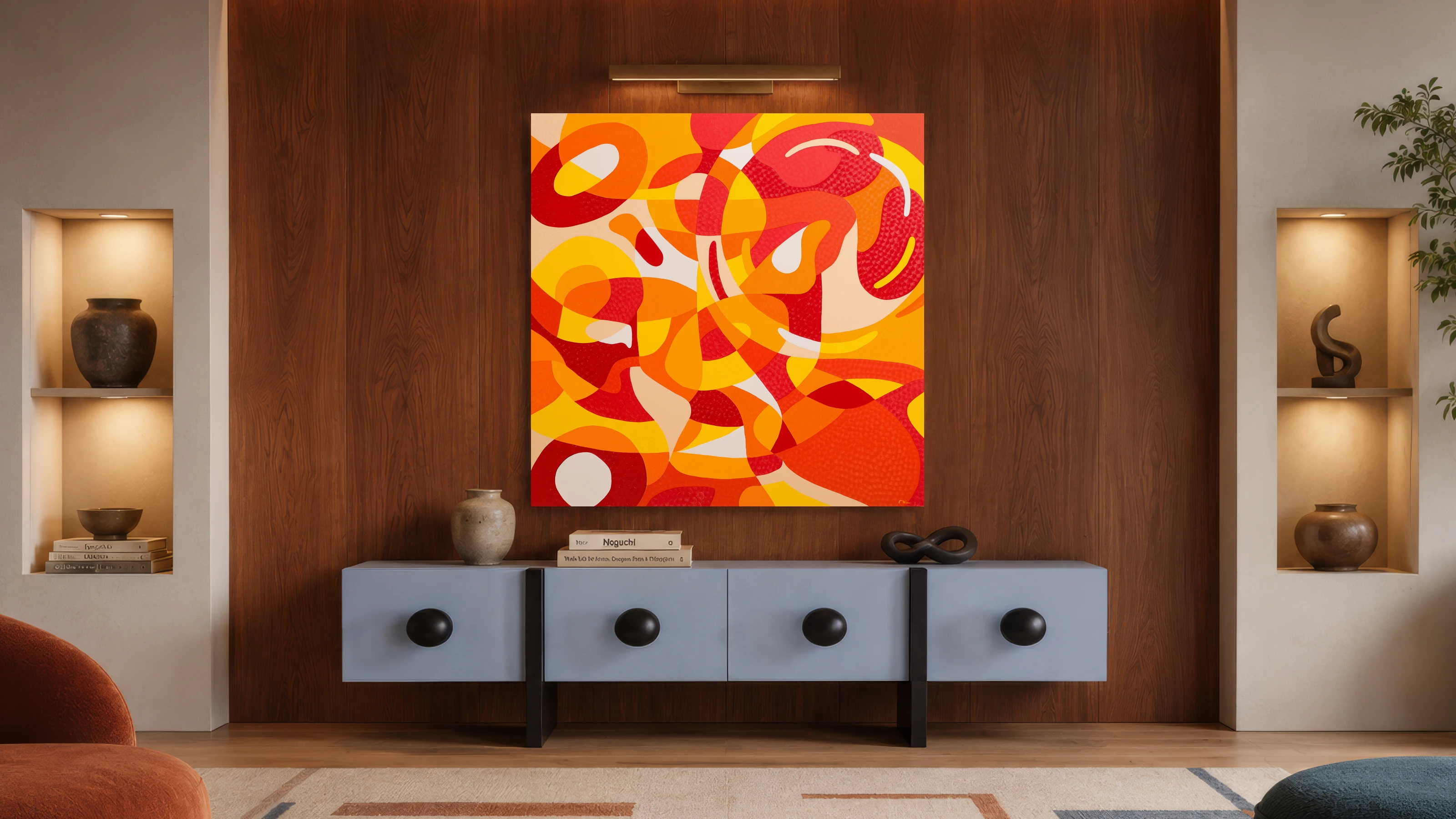 Vivid red and orange abstract oil painting Samovar by Nala Kun, centered on a stylized Russian tea urn.