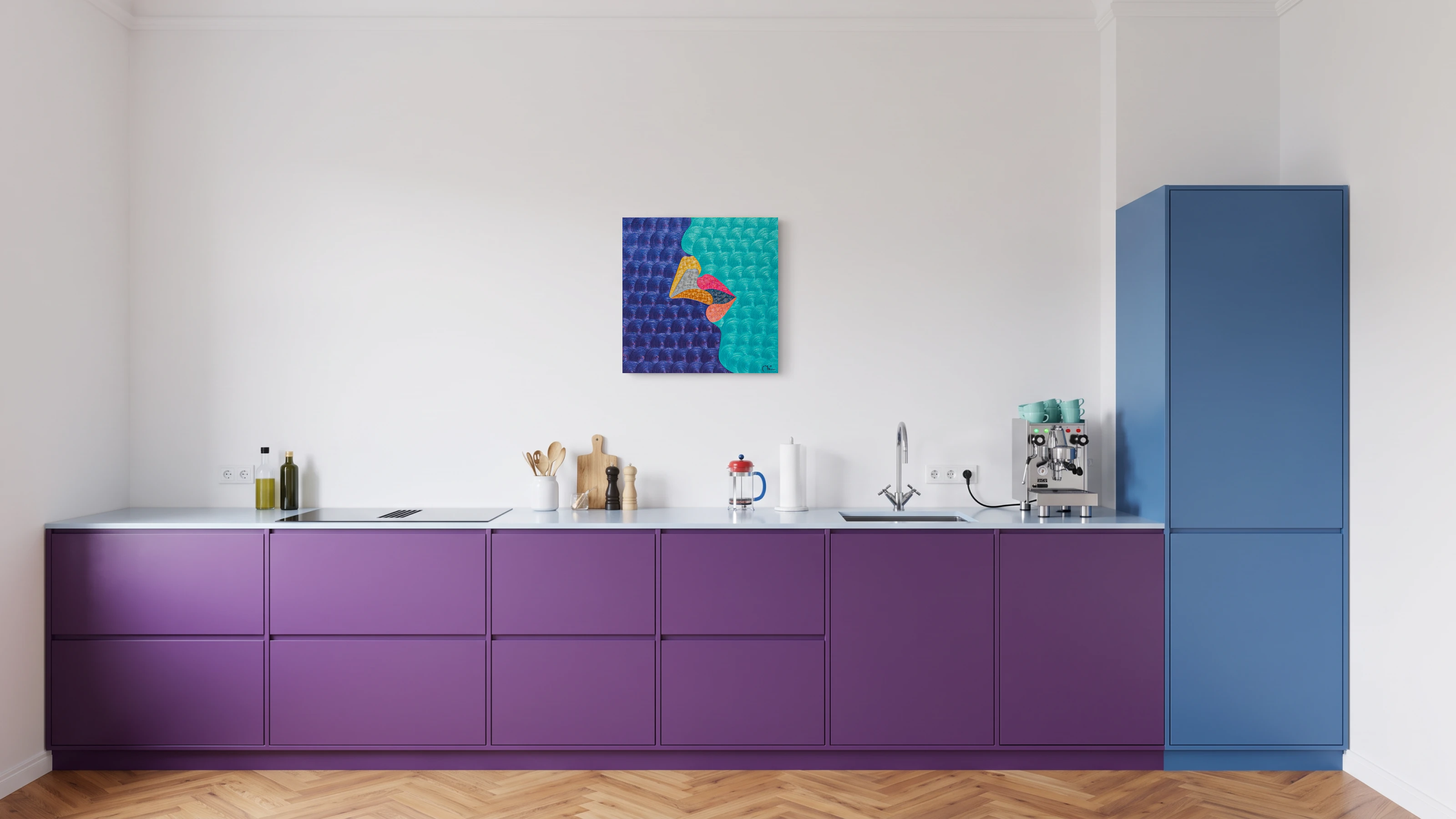 Lime, violet, and red textured oil painting Secret Kiss Cookie by Nala Kun, featuring stylized lips.