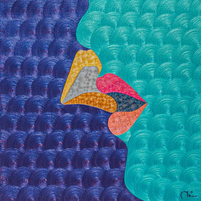 Lime, violet, and red textured oil painting Secret Kiss Cookie by Nala Kun, featuring stylized lips.