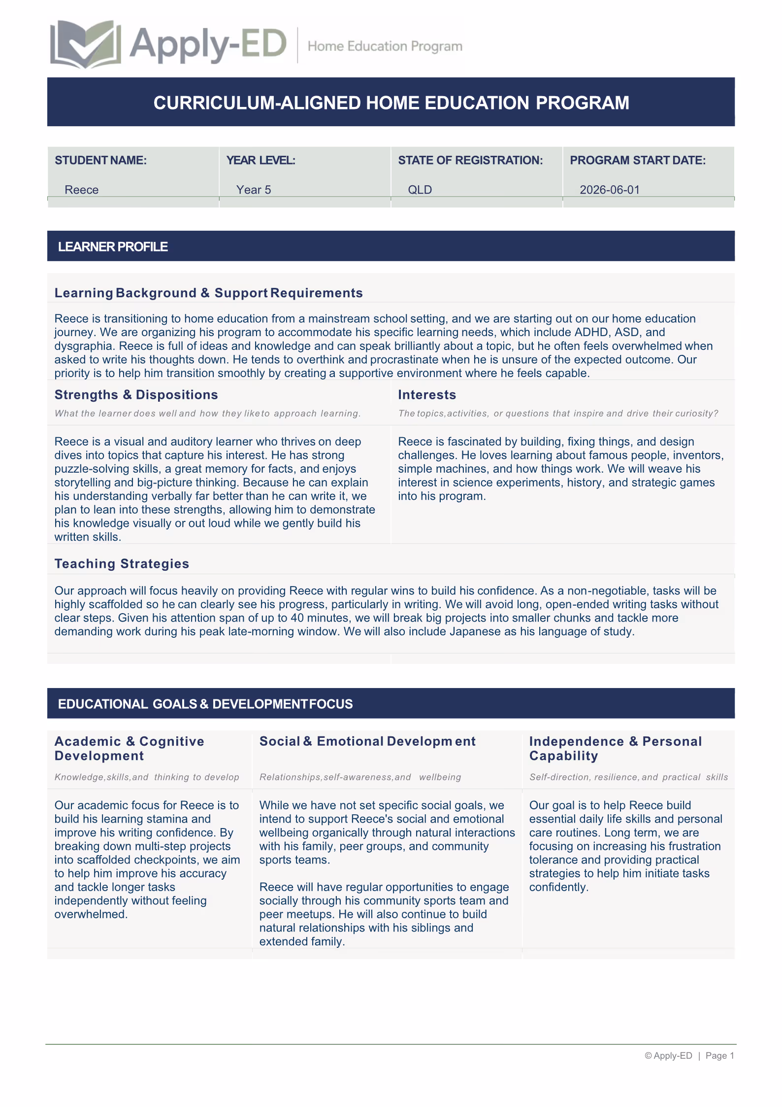 Apply-ED Home Education Program - Learner Profile for Reece Year 5
