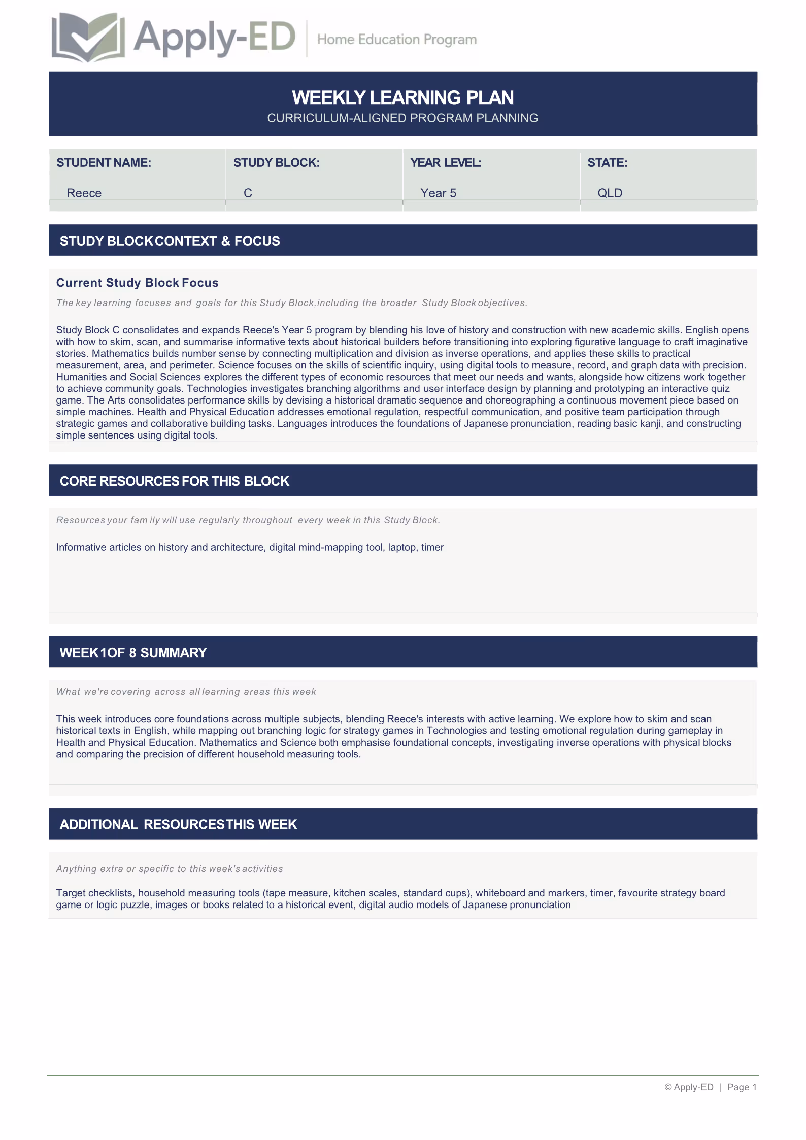 Apply-ED Home Education Program - Weekly Plan Overview for Reece Year 5