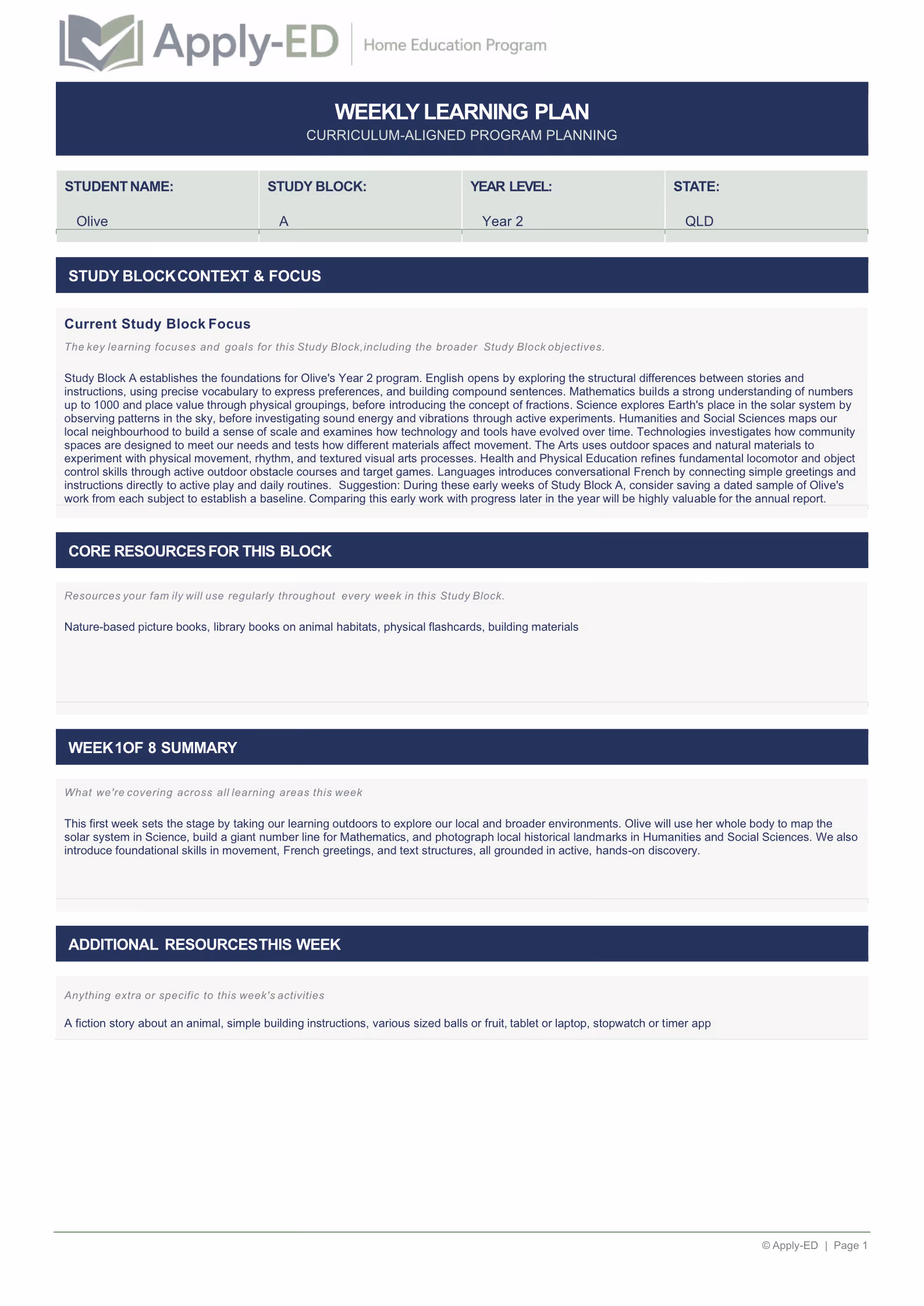 Apply-ED Home Education Program - Weekly Plan Overview for Olive Year 2