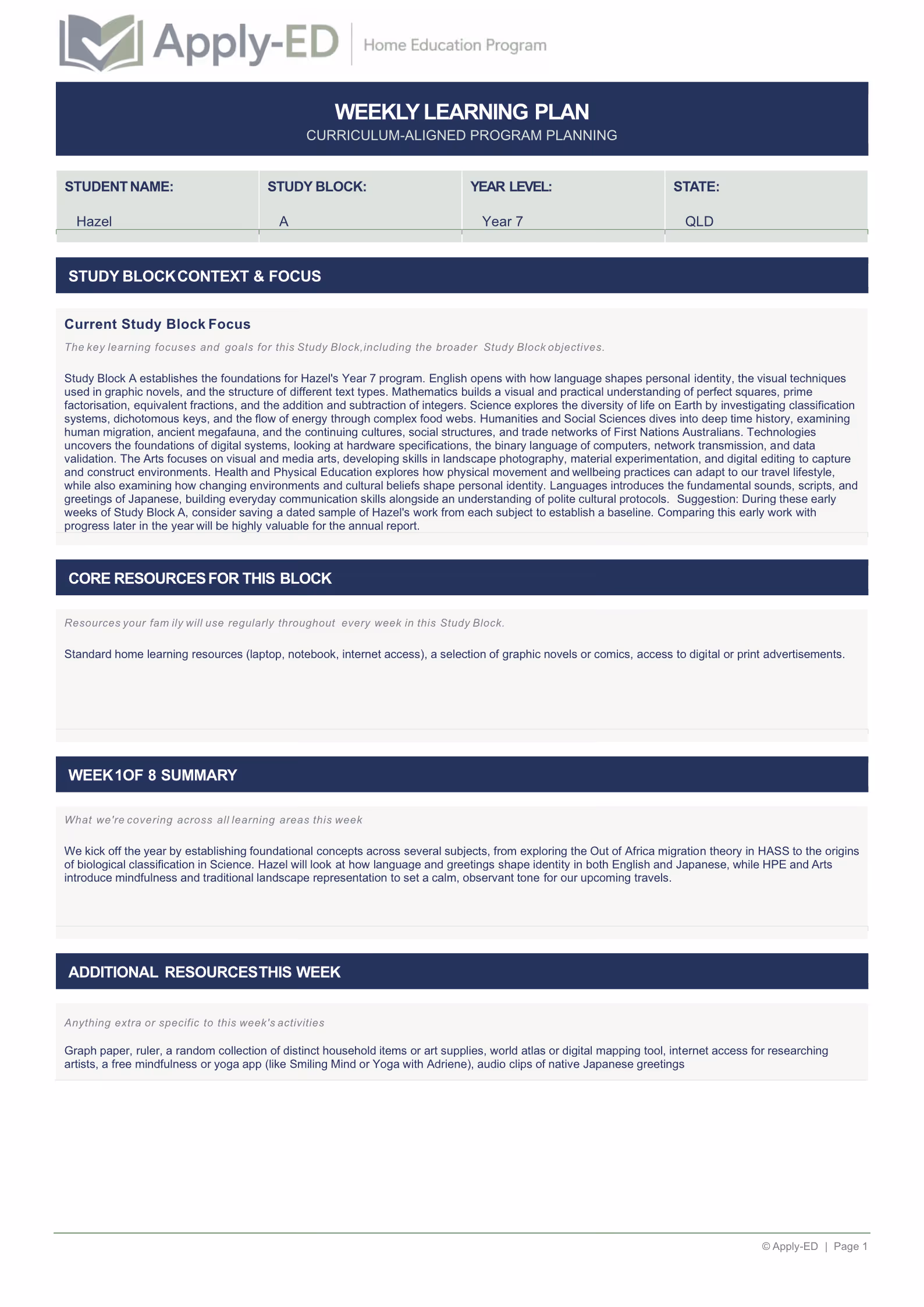 Apply-ED Home Education Program - Weekly Plan Overview for Hazel Year 7