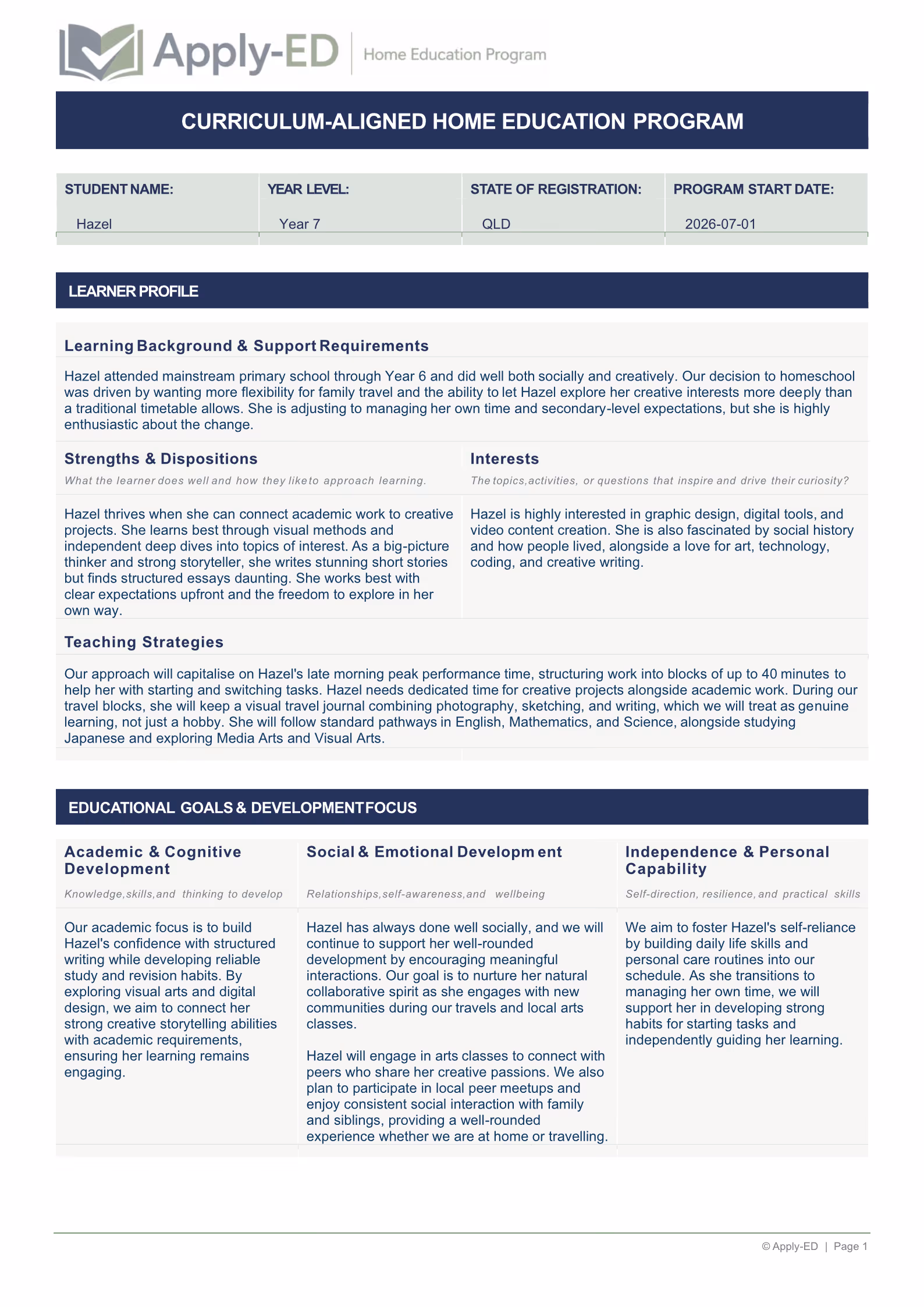 Apply-ED Home Education Program - Learner Profile for Hazel Year 7