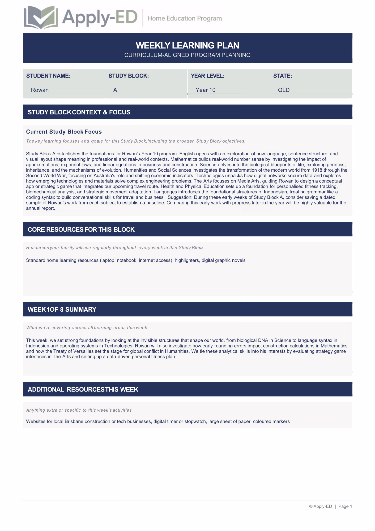 Apply-ED Home Education Program - Weekly Plan Overview for Rowan Year 10