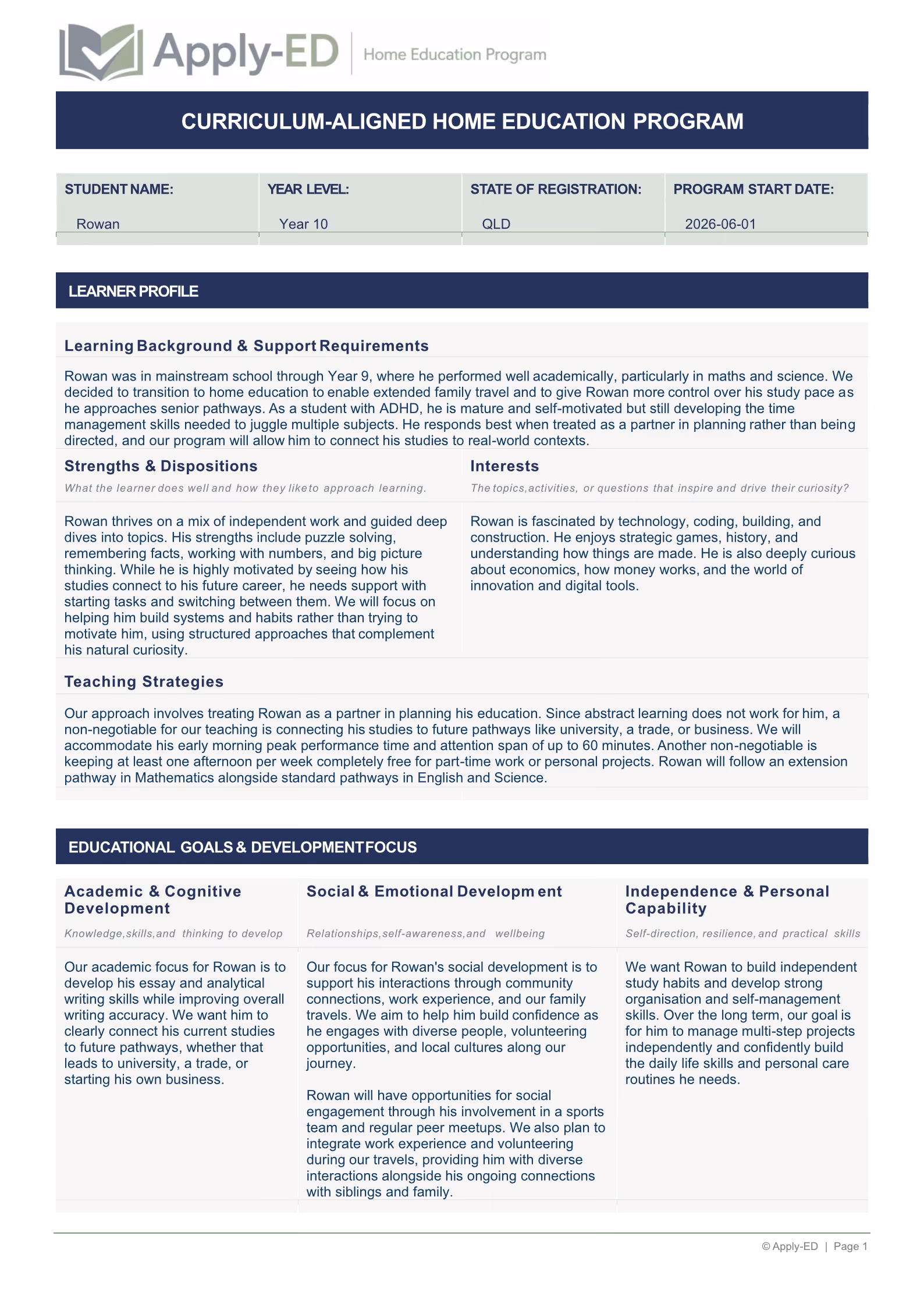 Apply-ED Home Education Program - Learner Profile for Rowan Year 10