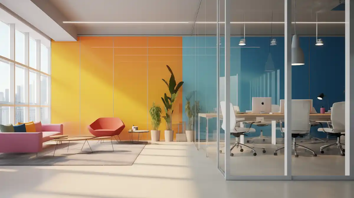 Contemporary office with glass walls and colorful interior design.
