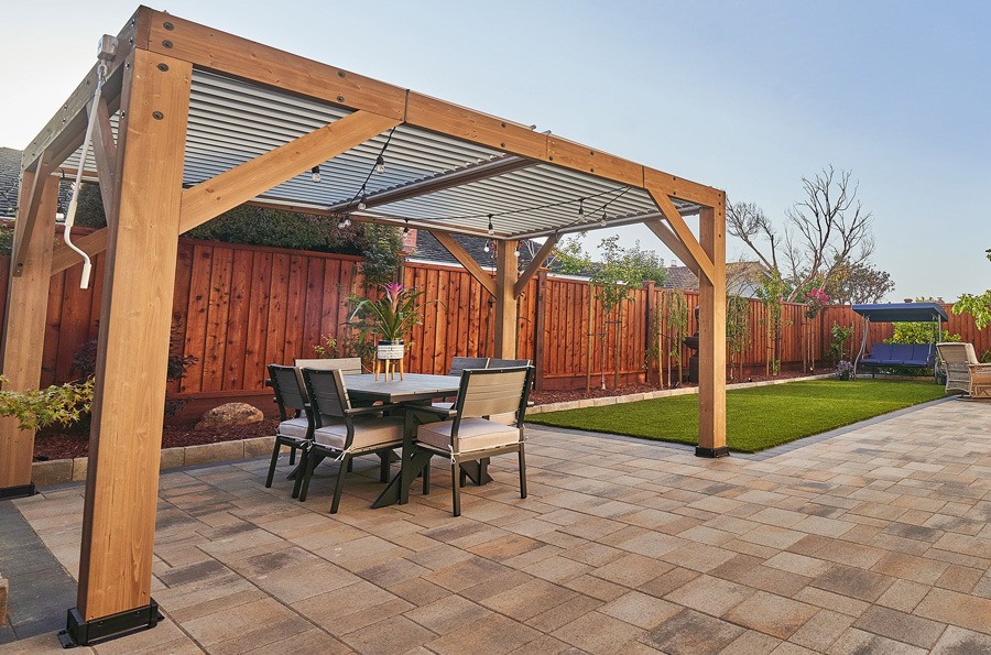 Backyard in the Bay Area with a wooden pergola
