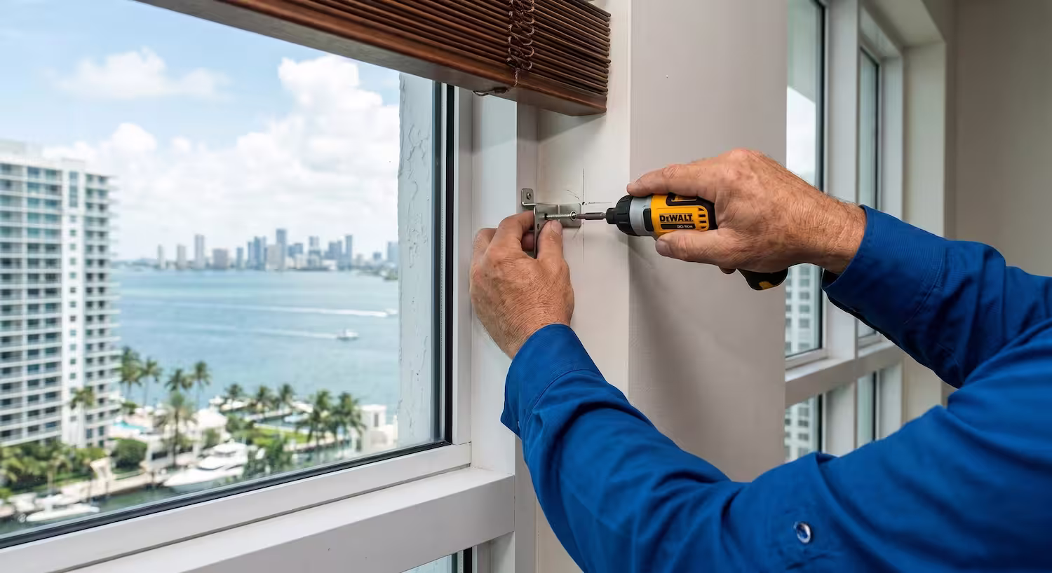 Technician driving a screw into a window treatment bracket in a Miami high-rise overlooking Biscayne Bay