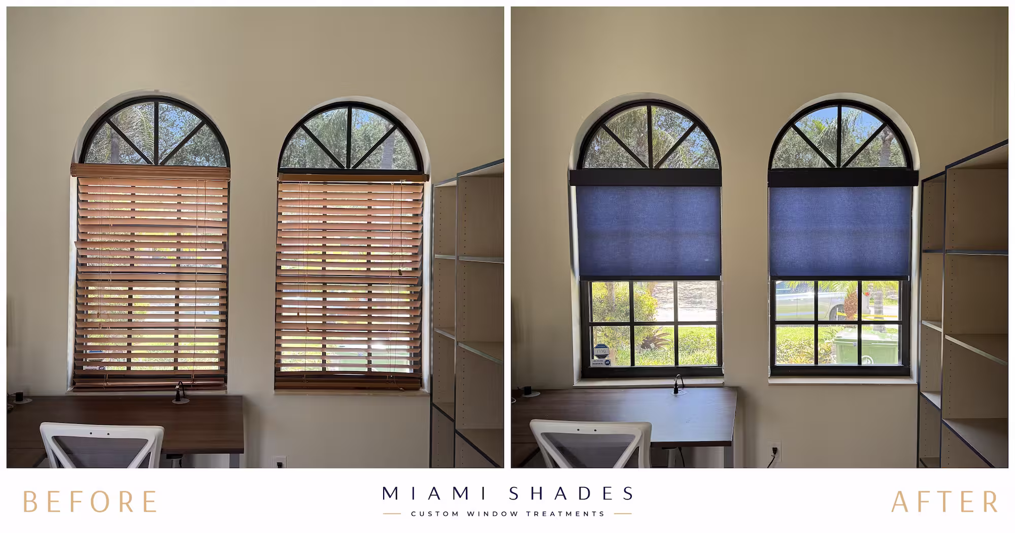 Before and after comparison of arched windows: aged wood blinds replaced with new blue shades