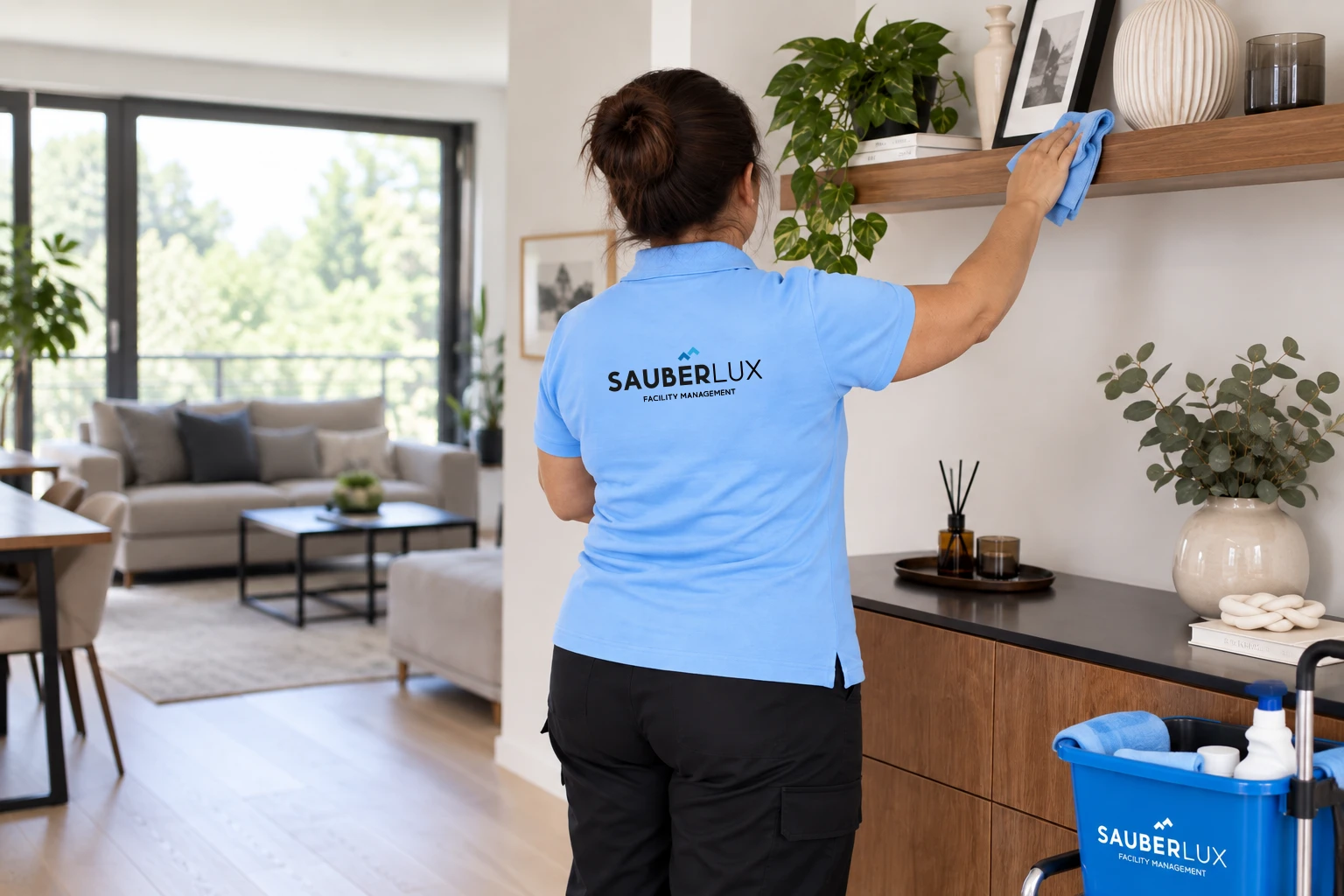 Eine Reinigungskraft in blauer SAUBERLUX Poloshirt wischt ein Wandregal in einem modernen Wohnzimmer mit hellen Holzböden und grau-beigen Sitzmöbeln ab, daneben steht eine blaue Reinigungskiste mit Reinigungsmitteln.