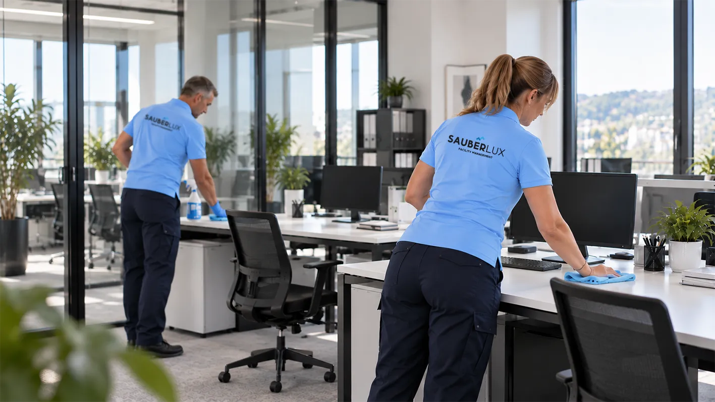 Zwei Reinigungskräfte in hellblauen Shirts mit Sauberlux-Logo reinigen Bürotische in einem modernen, lichtdurchfluteten Büro mit großen Fenstern und Pflanzen.