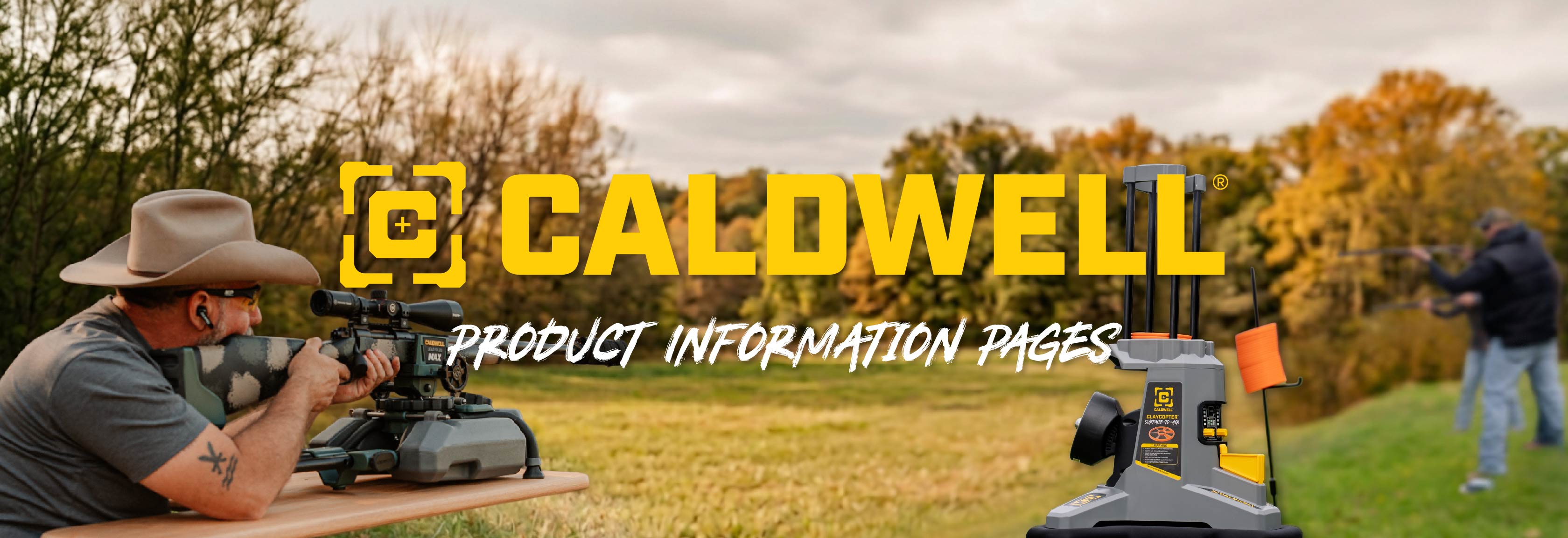Two people shooting firearms outdoors and a Caldwell-branded rifle rest with a scoped rifle, with text 'CALDWELL Product Information Pages' overlayed.