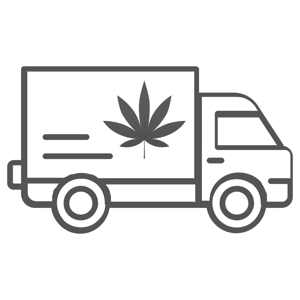 Outline of a delivery truck with a cannabis leaf symbol on its cargo area.