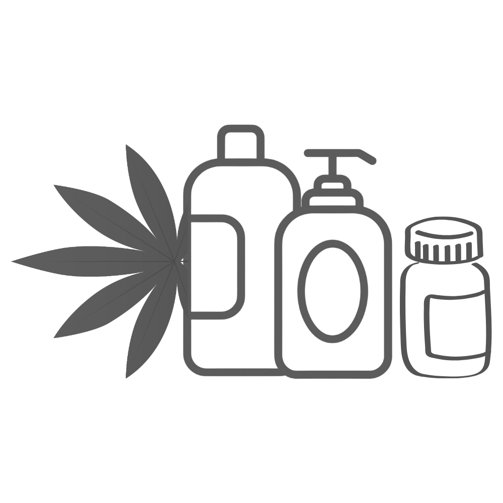 Outline of three cosmetic containers with a cannabis leaf behind them.