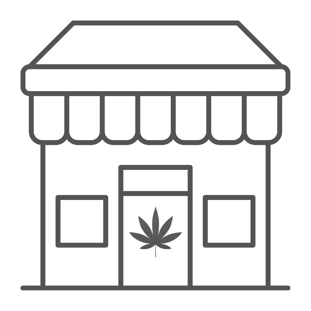 Outline of a dispensary storefront with a cannabis leaf symbol on the door.