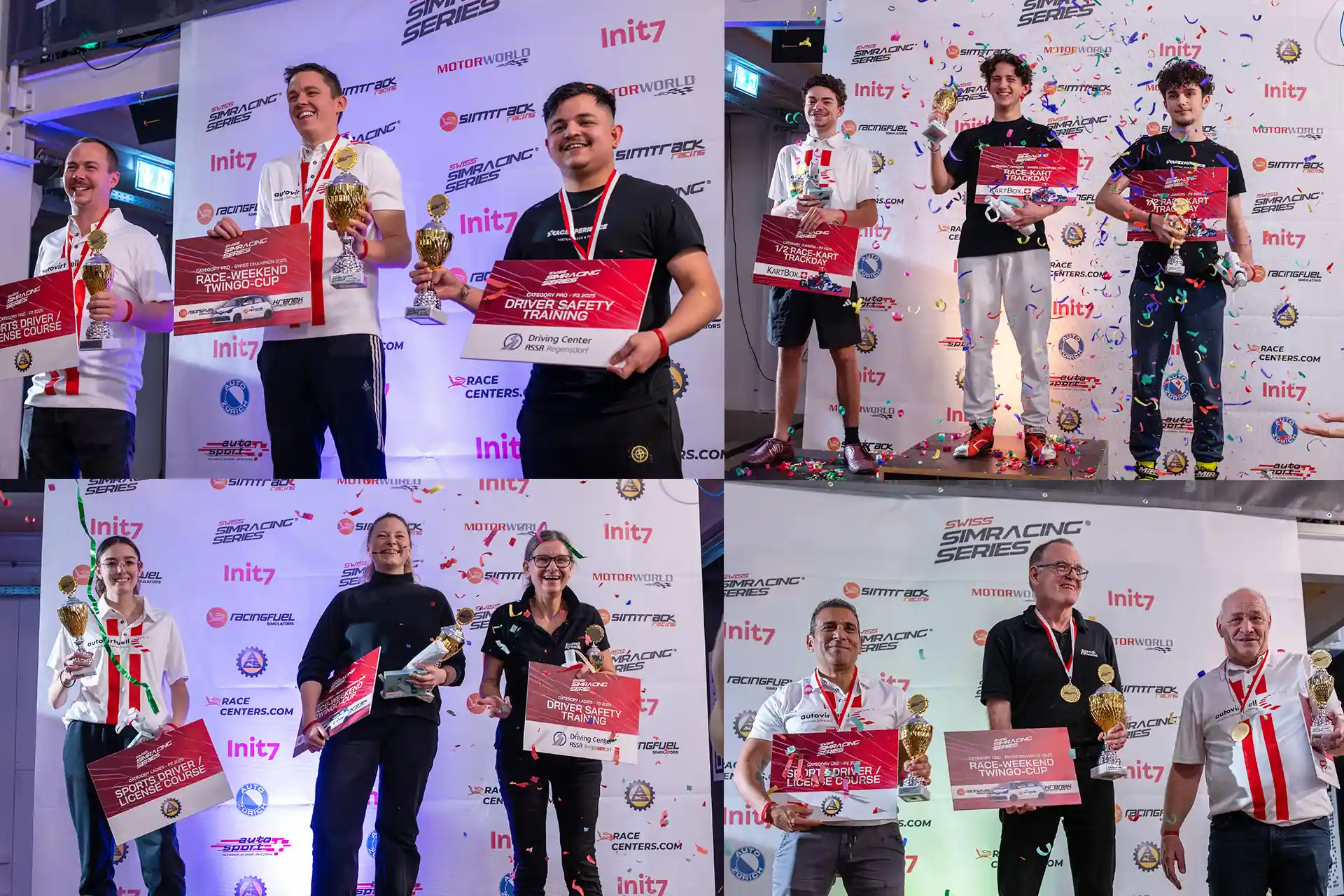 Man sieht die Gewinner der Swiss Simracing Series 2025 auf Podesten mit Ihren Preisen.