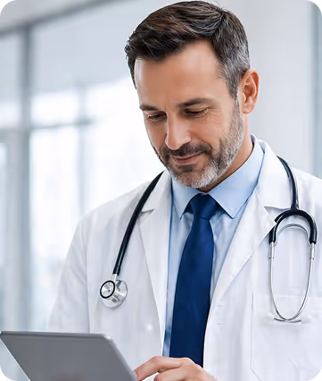 Male doctor in white coat with stethoscope using a digital tablet in a bright medical office.