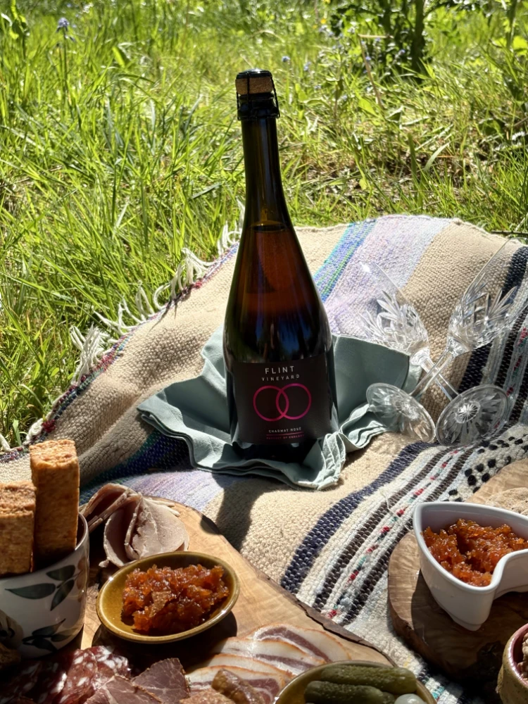 A bottle of sparkling wine sits on a blanket with wine glasses, surrounded by charcuterie and condiments. The setting is a sunny, lush picnic scene.