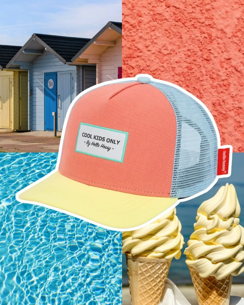 Collage with a pastel cap labeled "Cool Kids Only," beach huts in yellow, blue, and pink, rippling pool water, and two vanilla ice cream cones, conveying a fun summer vibe.