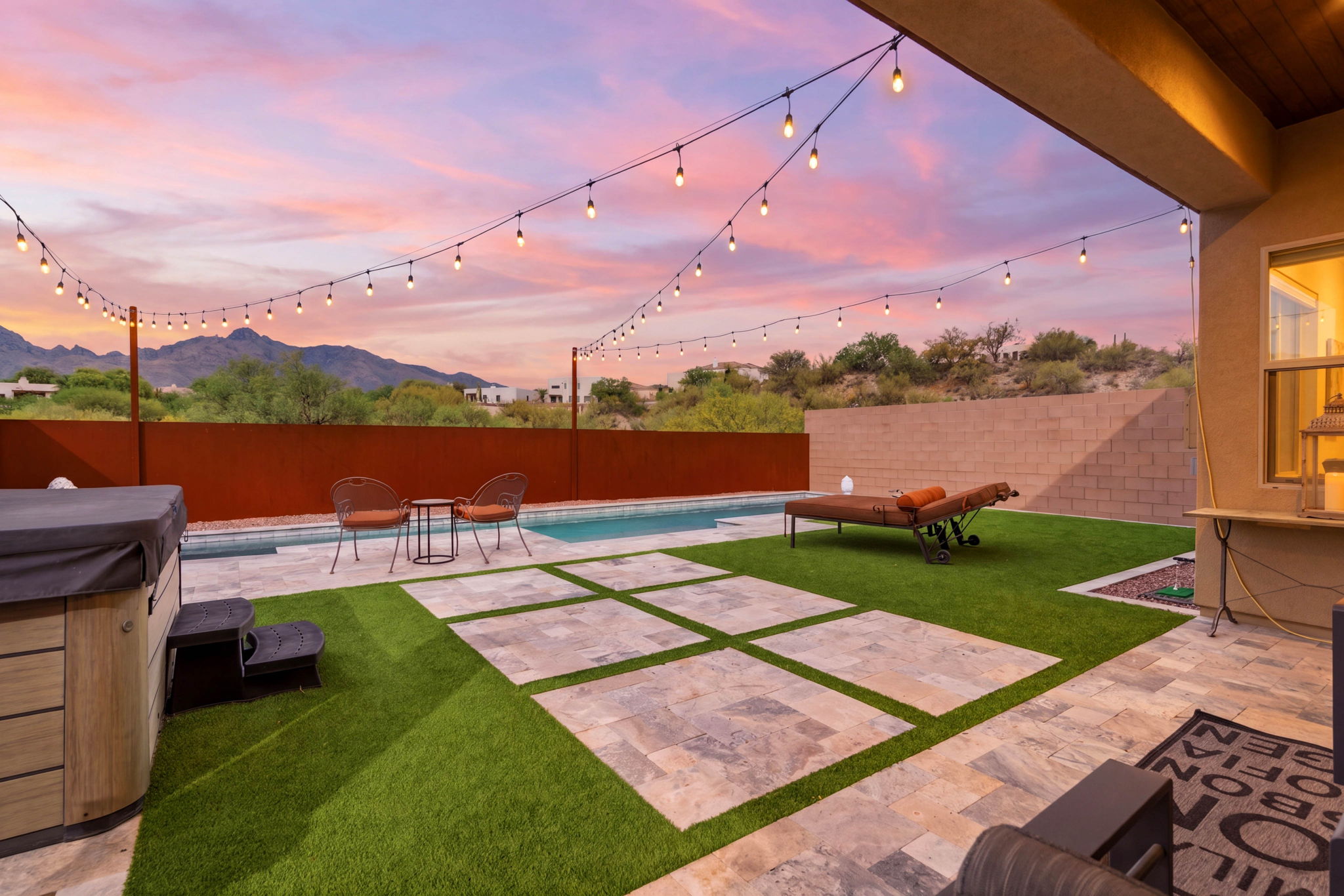 Luxury backyard and pool at twilight