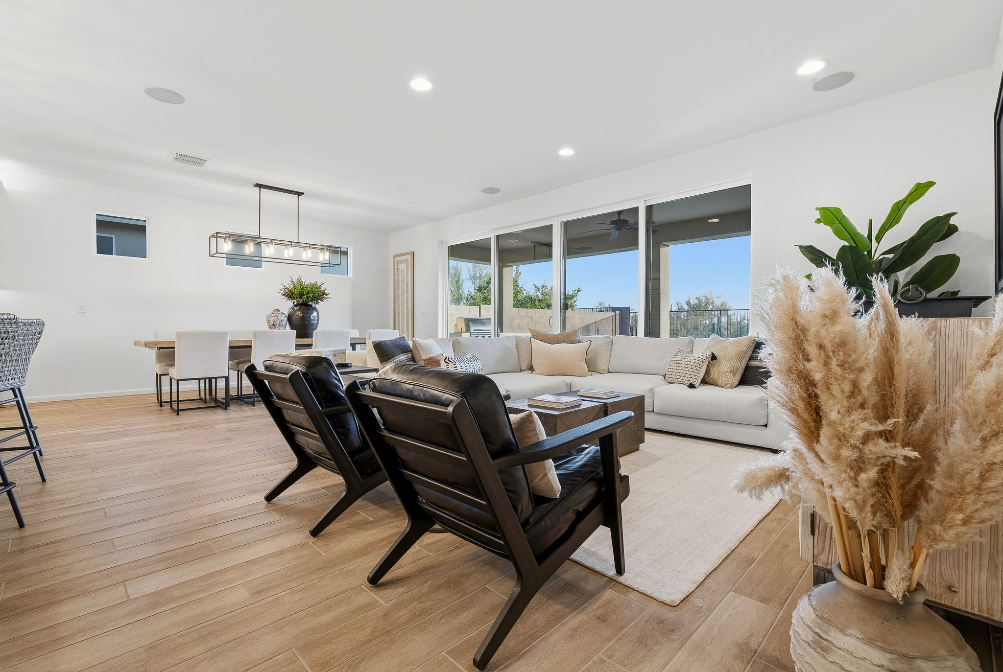 Bright staged living room with natural light