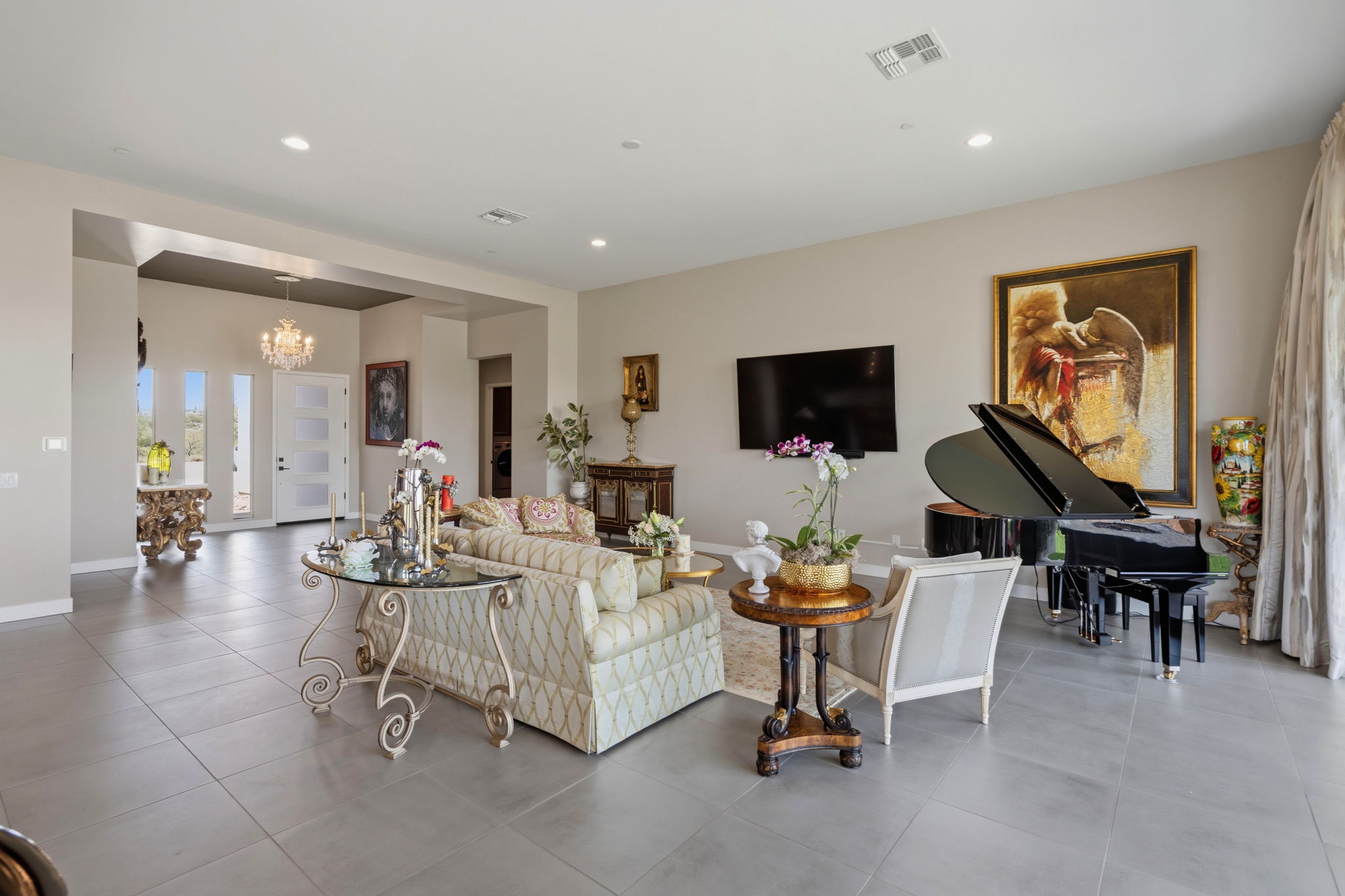 Open luxury living room with grand piano
