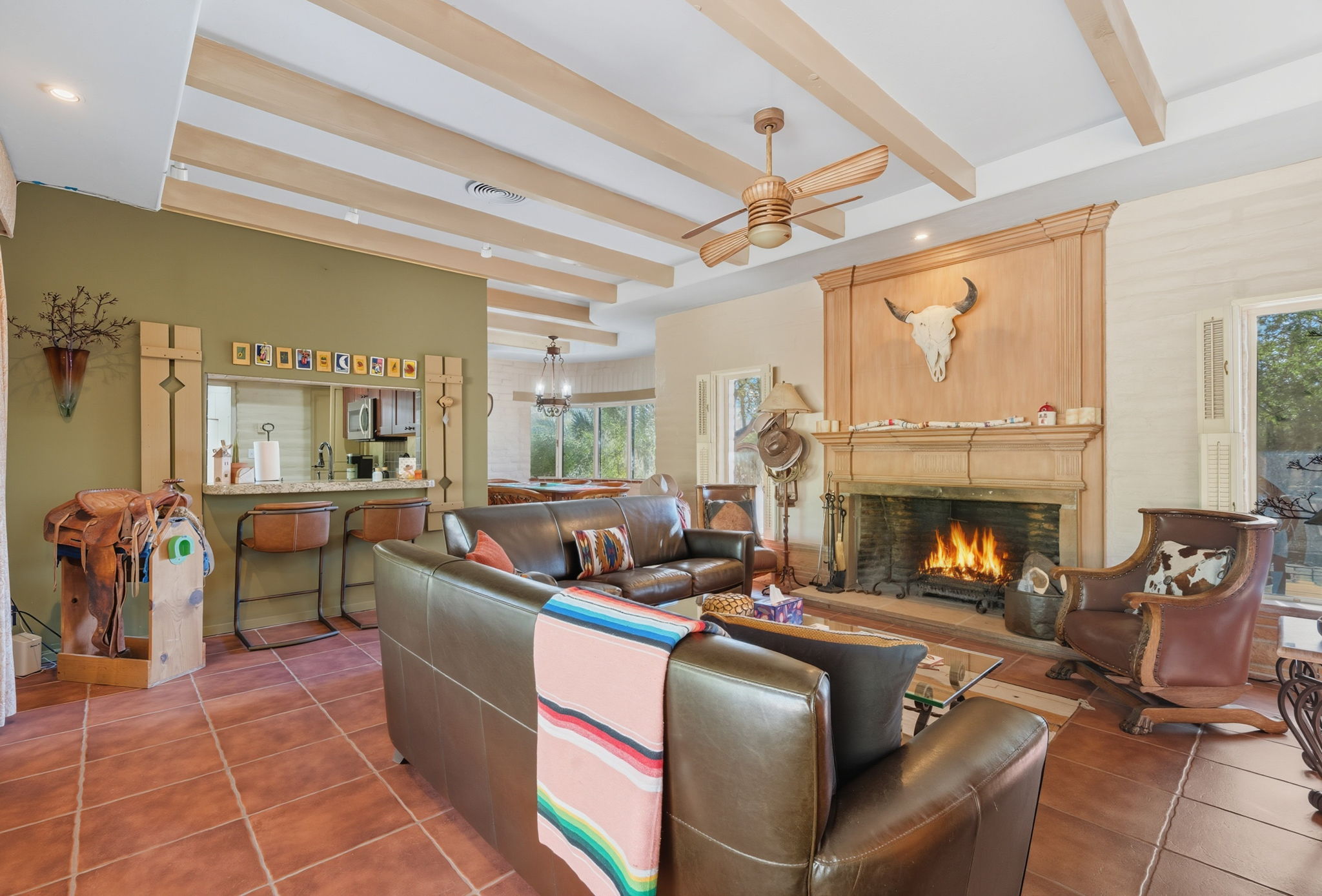 Southern Arizona living room with fireplace and warm wood tones