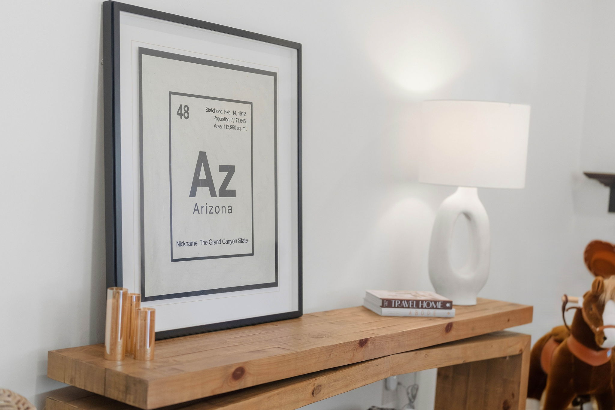 Framed Arizona print and white lamp on a wood console
