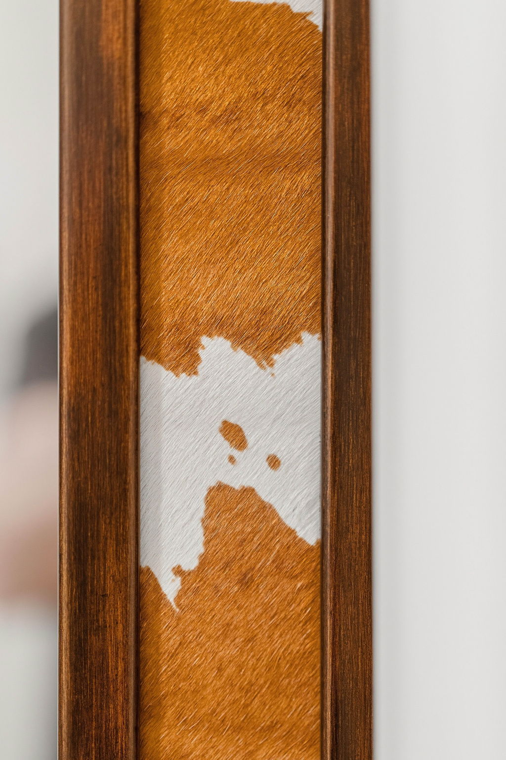 Brown and white hide inset in a dark wood closet door