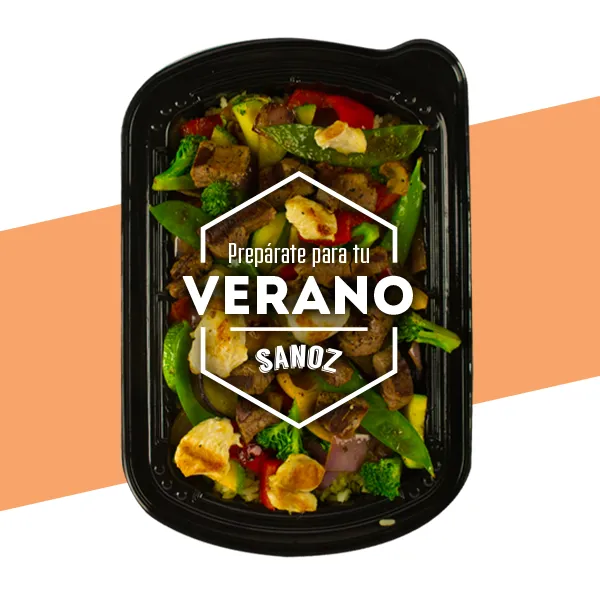 Sanoz Food meals with main dish, drink, and healthy dessert