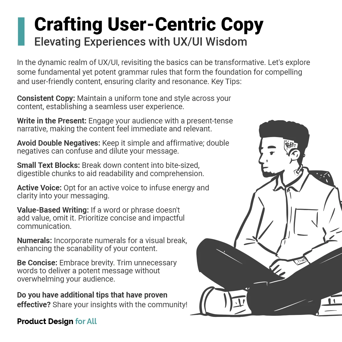 Product Design for All: Quick tips for your day, closing slide of the UX copy post