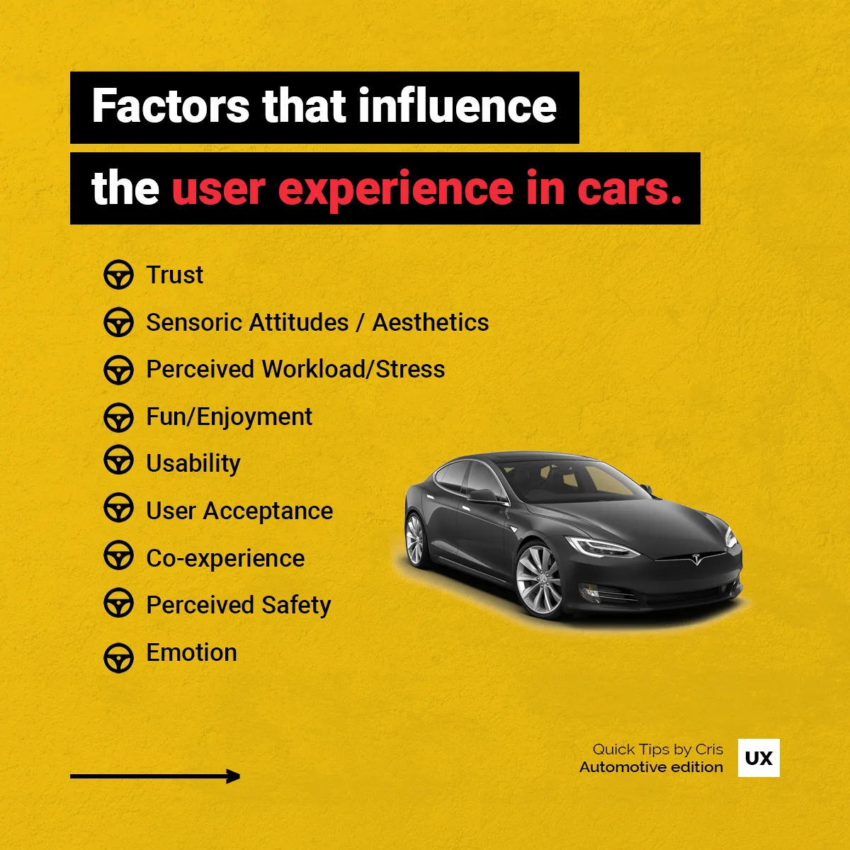 UX Quick Tips Automotive Edition: factors that influence the user experience in cars, from trust to perceived safety