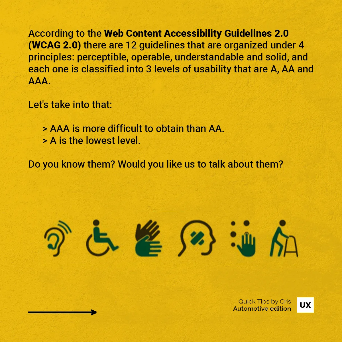 UX Quick Tips Automotive Edition: WCAG 2.0 principles and conformance levels A, AA, and AAA