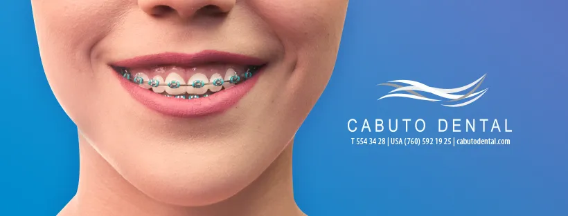 Cabuto Dental Facebook cover with a smile in braces and clinic contact details
