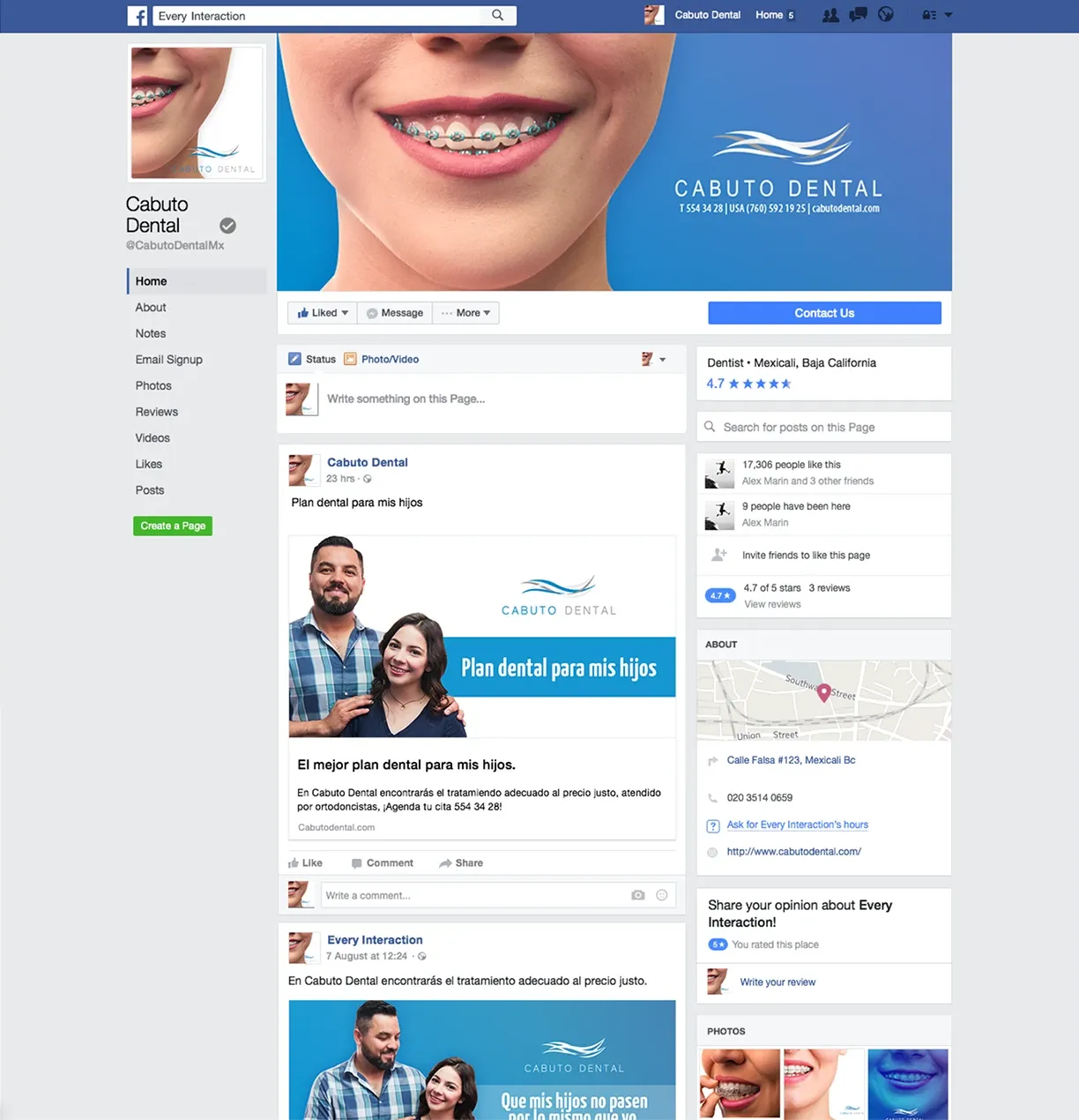 Cabuto Dental Facebook page with branded cover and a family dental plan campaign post