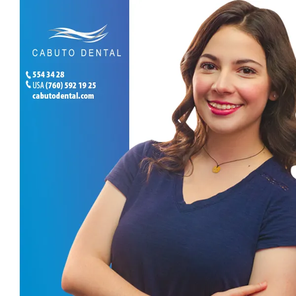 Cabuto Dental branded post with a smiling patient and clinic contact details