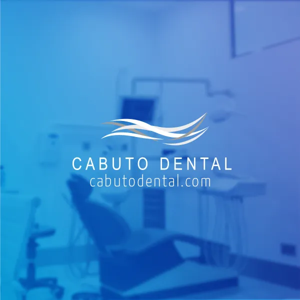 Cabuto Dental brand post with the logo over a blue clinic interior