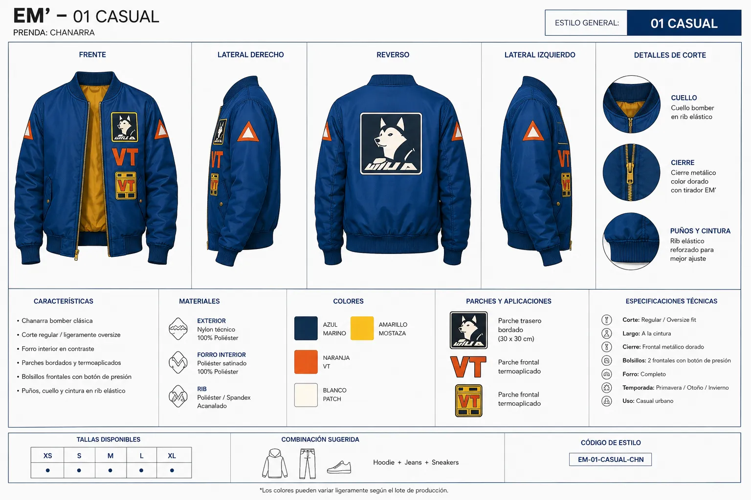 VALENTE EM'-01 casual bomber jacket tech sheet with views, materials, colors, and patches