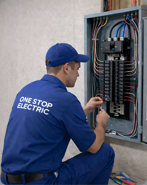 electrician kneeling and working on service panel outdoors