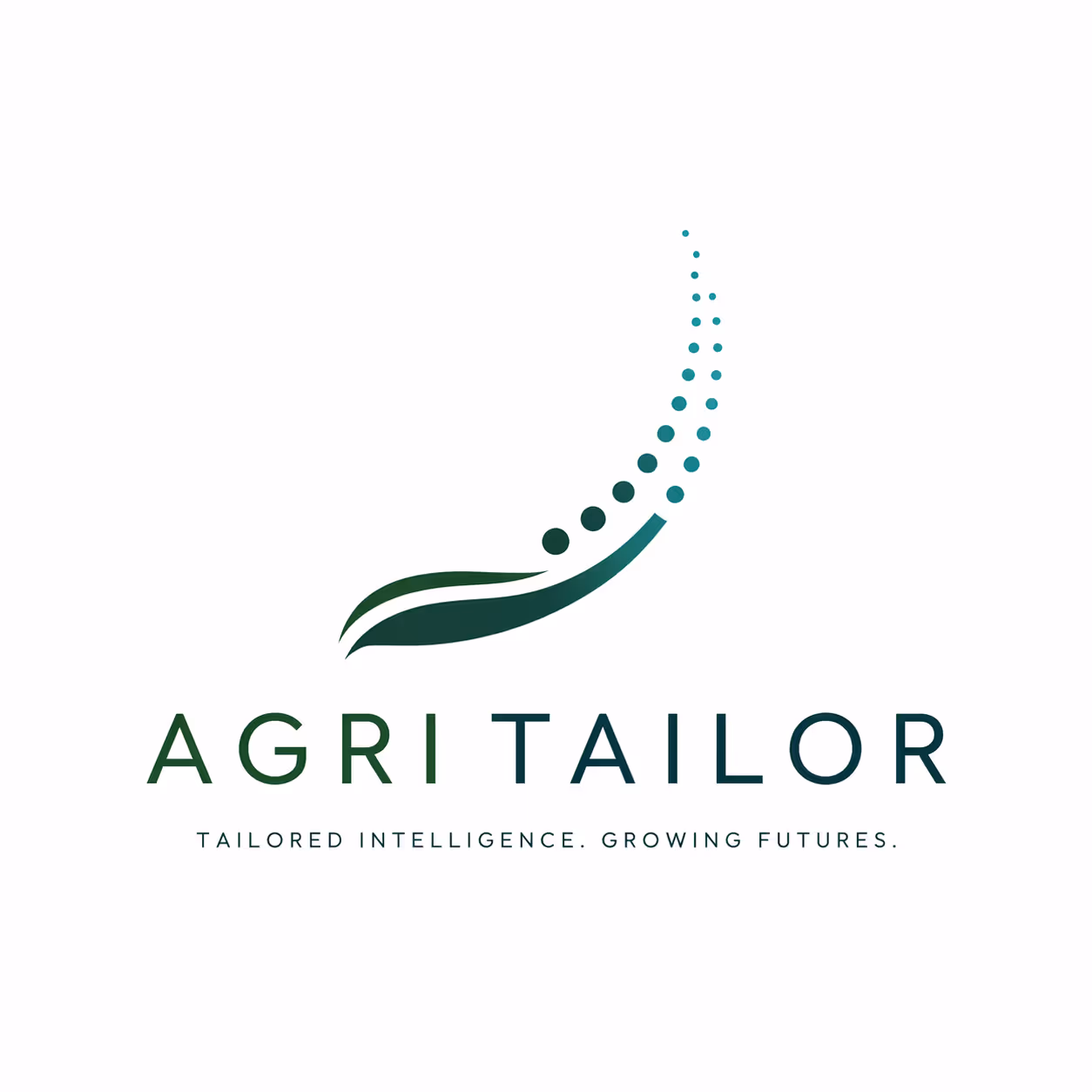 Agri Tailor logo with stylized leaf and dots above text and slogan below.