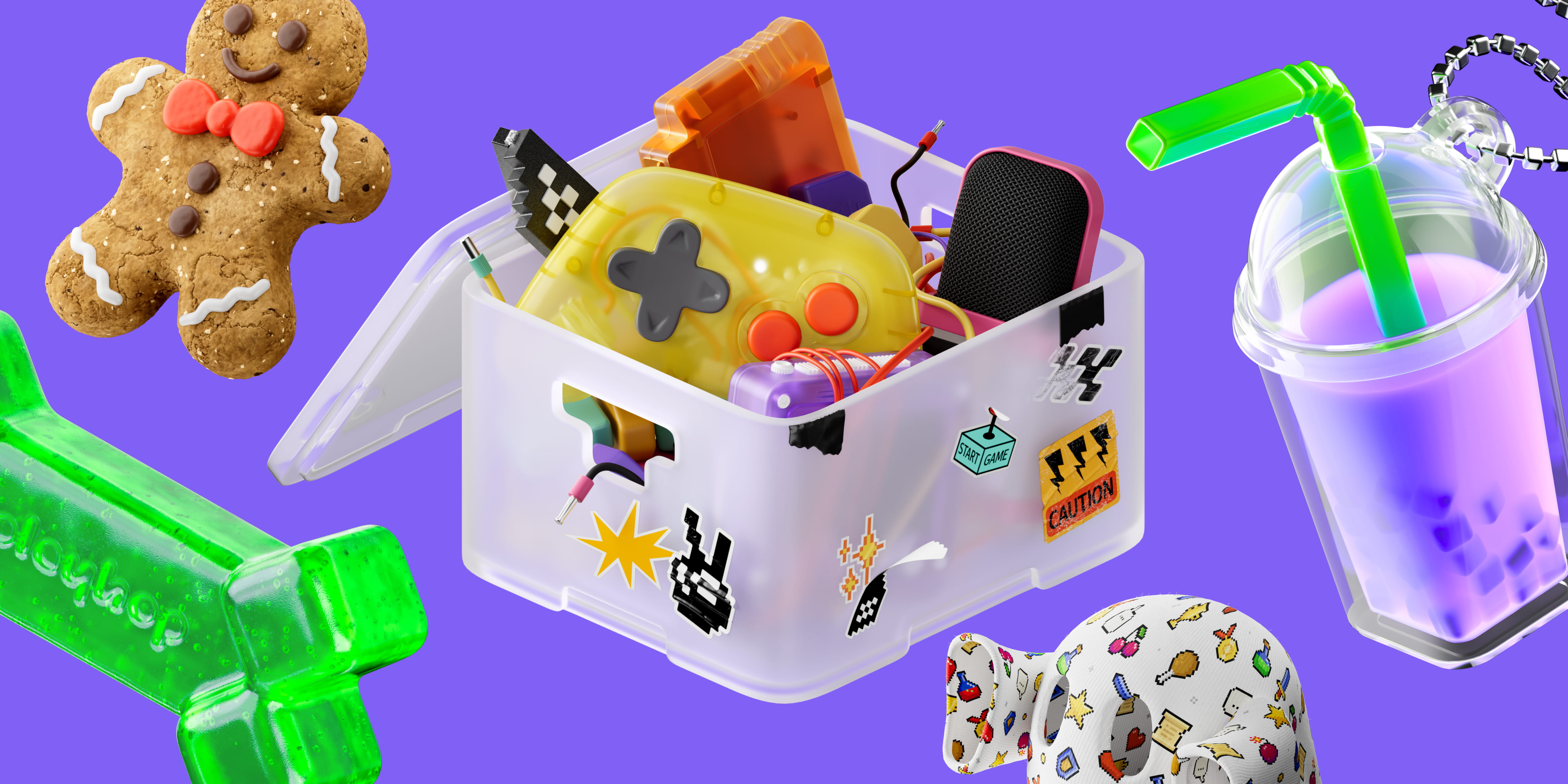 Colorful plastic box filled with gaming controllers and electronic parts, surrounded by a gingerbread cookie, green gummy candy shaped like a bone, a face mask with pixel art designs, and a cup of purple bubble tea with a green straw on a purple background.