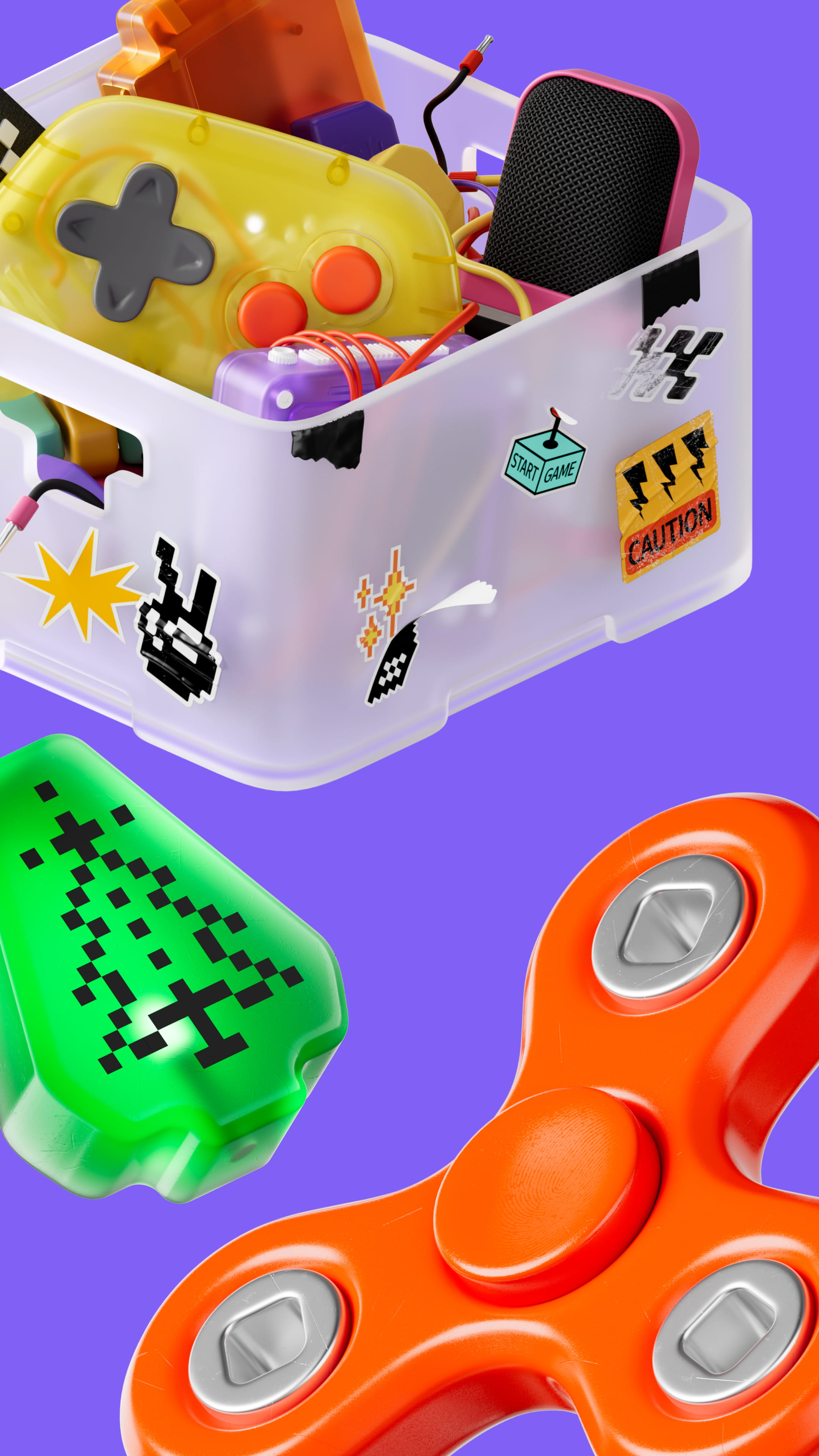 Translucent storage box with retro gaming controller, speaker, and cables, next to a green pixelated arrow cursor and an orange fidget spinner on purple background.