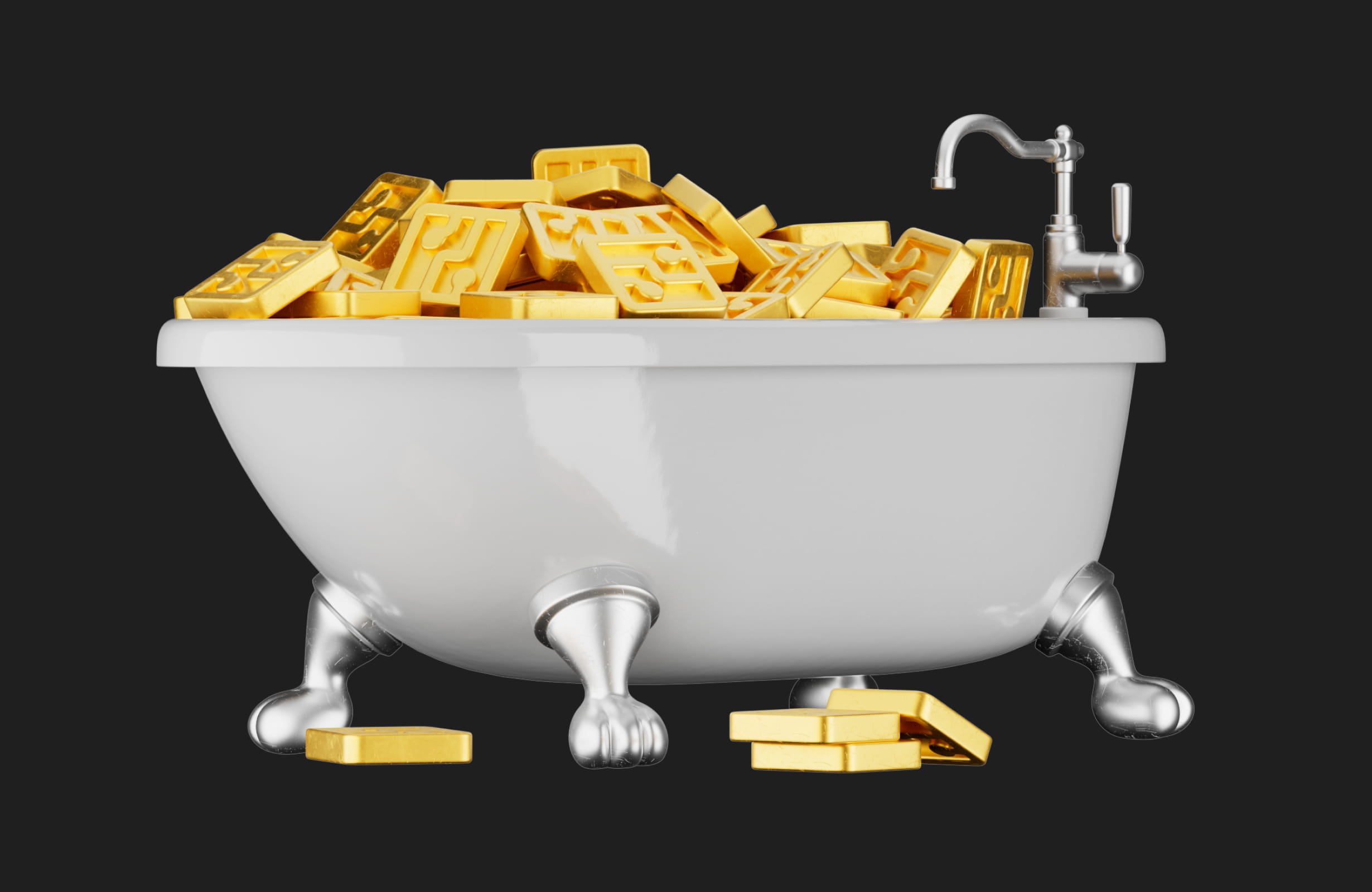 White clawfoot bathtub filled and surrounded by stacks of gold bars against a black background.