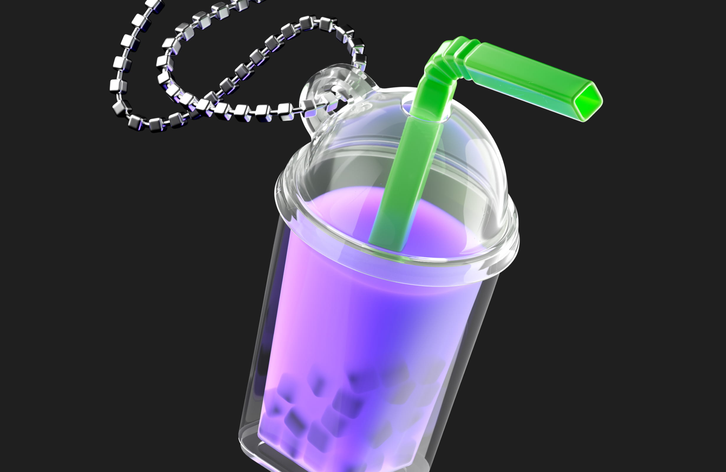 Clear plastic cup filled with purple bubble tea, black tapioca pearls, and a green bendy straw, attached to a silver beaded chain.