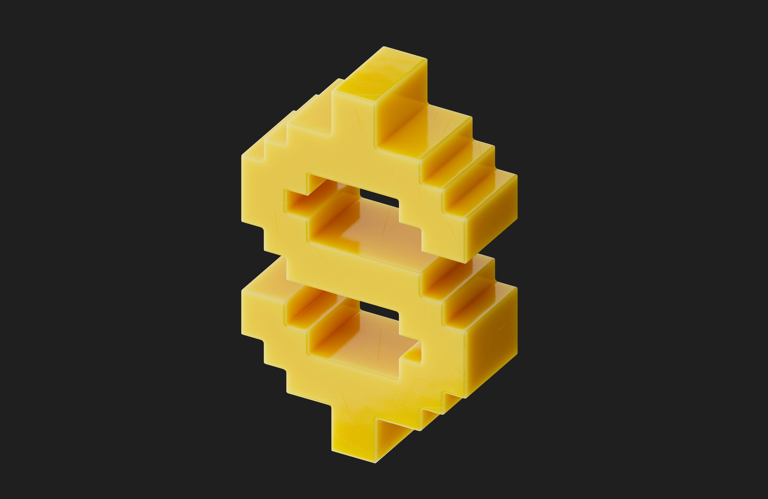3D yellow pixelated dollar sign symbol with stepped edges on a dark background.