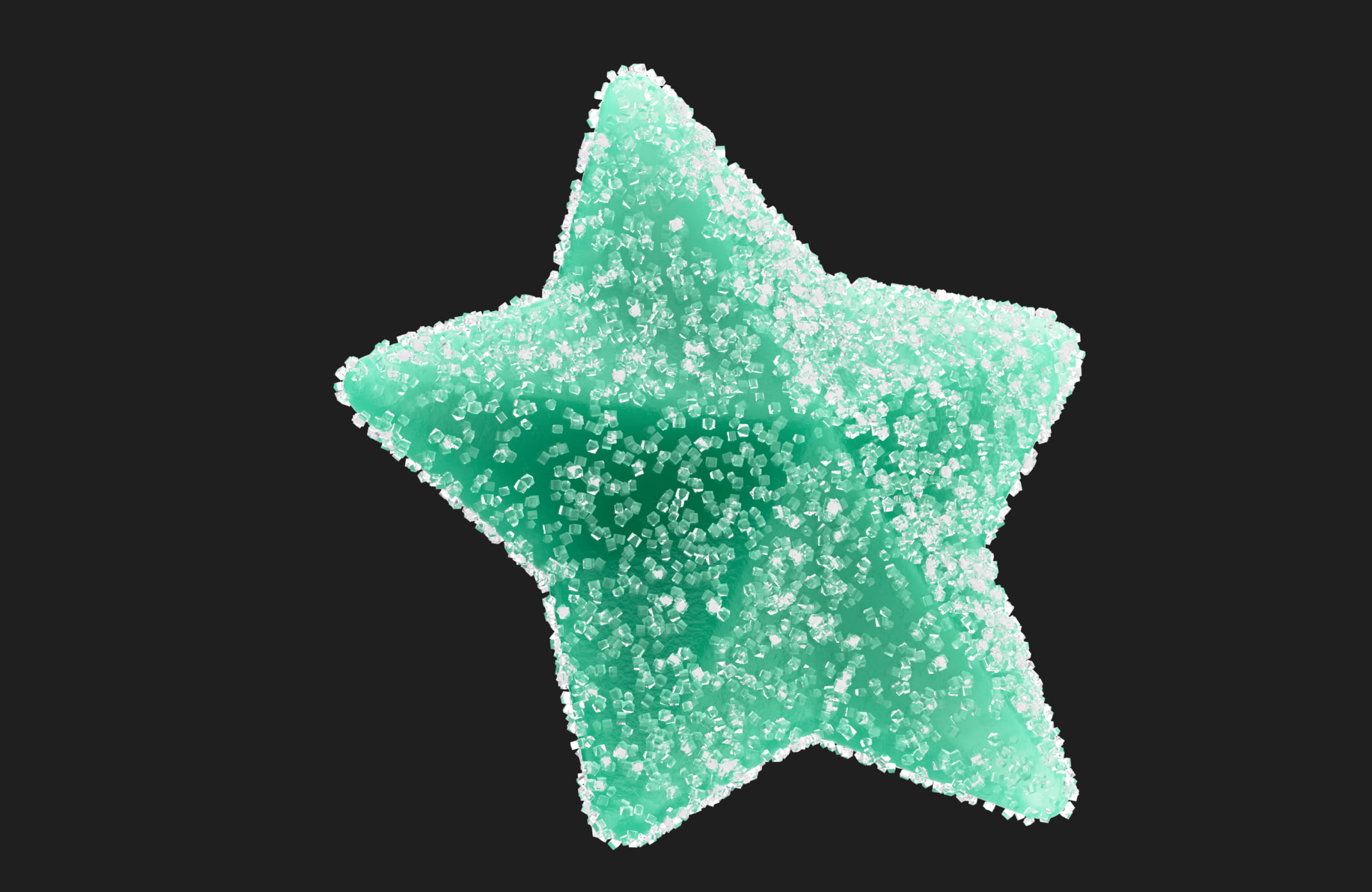 Green star-shaped candy coated with coarse white sugar crystals against a black background.