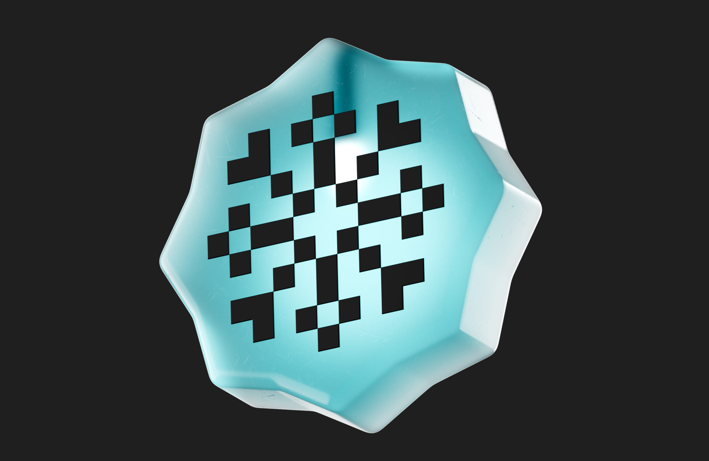 Three-dimensional aqua blue star-shaped object with a black pixelated pattern in the center on a black background.